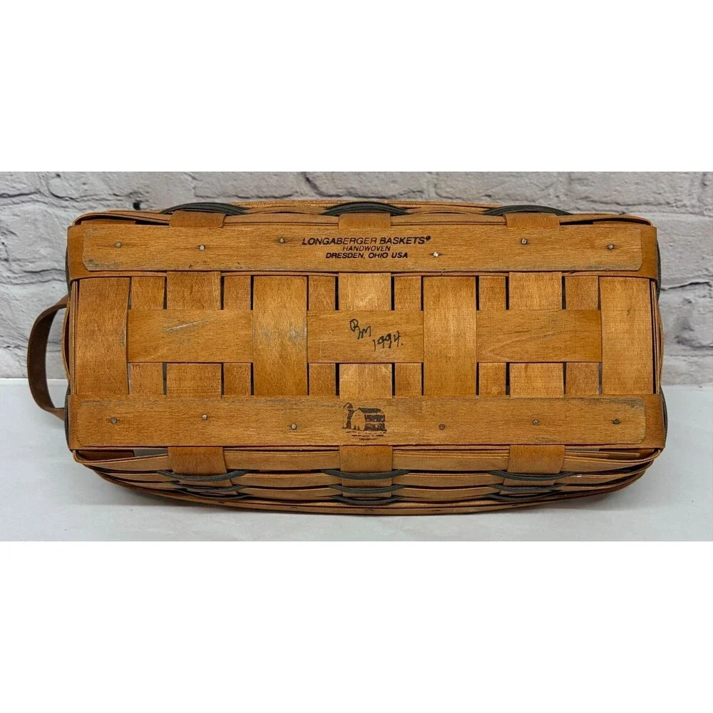 Vtg 1994 Longaberger Basket Leather Handles Liner Wood Divider Protectors 15x8